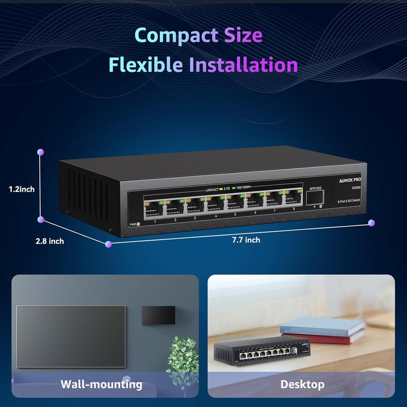 AUMOX PRO 9 Port 2.5Gb Unmanaged Ethernet Switch with 8* 2.5G+ 1*10G SFP Ports, 60 Gbps Switching Capacity Compatible with 100/1000/2500Mbps Plug and Play - Image 5